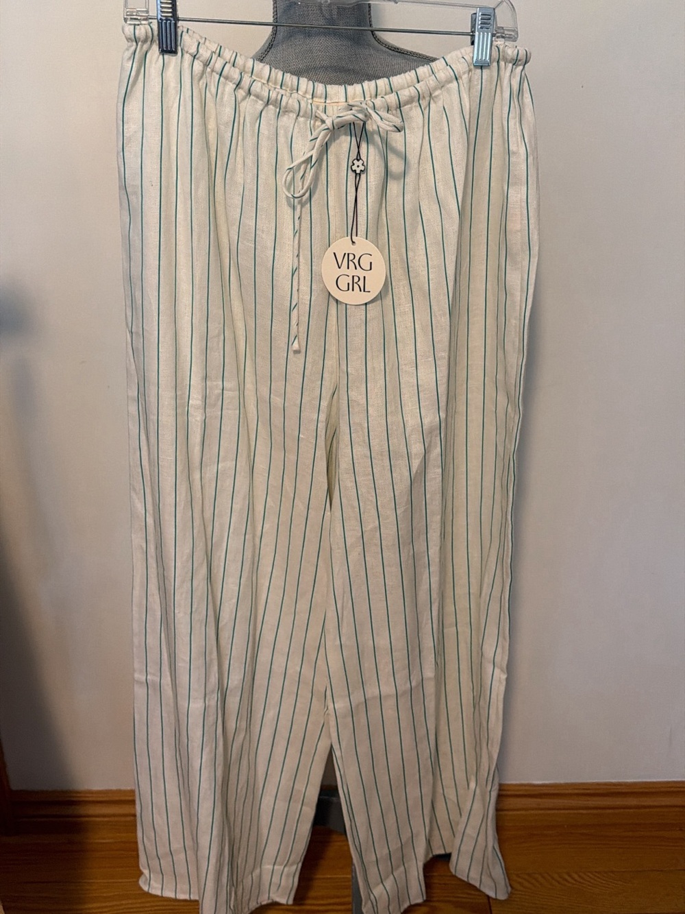 Light Cream Wide-Leg Stripe Drawstring Pants